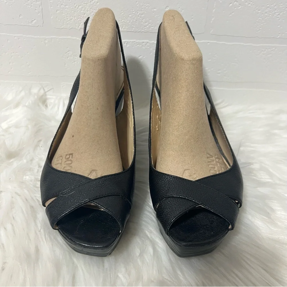Marc Fisher Black Leather Peep-Toe Slingback Rockabilly Platform Wedges 6.5